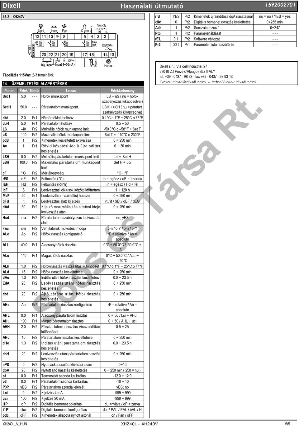 ÜZEMELTETÉSI ALAPÉRTÉKEK Room Heater Param. Érték Menü Leírás Értéktartomány Set T 5.0 - - - Hõfok munkapont LS us ( nu = hõfok szabályozás kikapcsolva ) Set H 50.