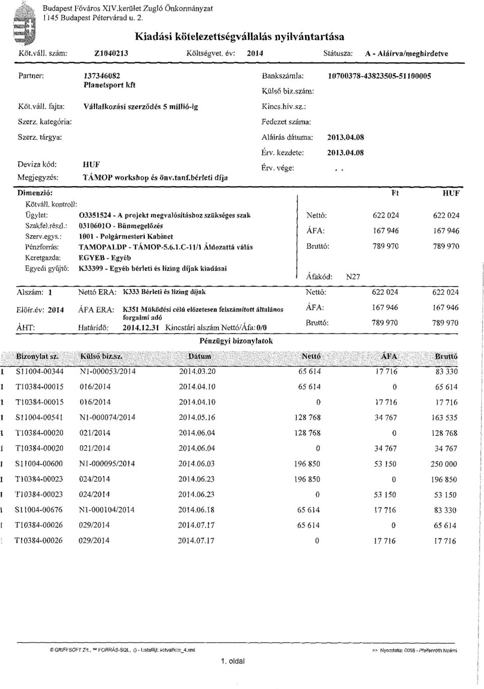 szám: Vállalkozási szerződés 5 millió-ig Kincs.hiv.sz.: Fedezet száma: Aláírás dátuma: 213.4.8 Deviza kód: Megjegyzés: HUF TAMOP workshop és önv.tanf.bérleti díja Érv. kezdete: 213.4.8 Érv.