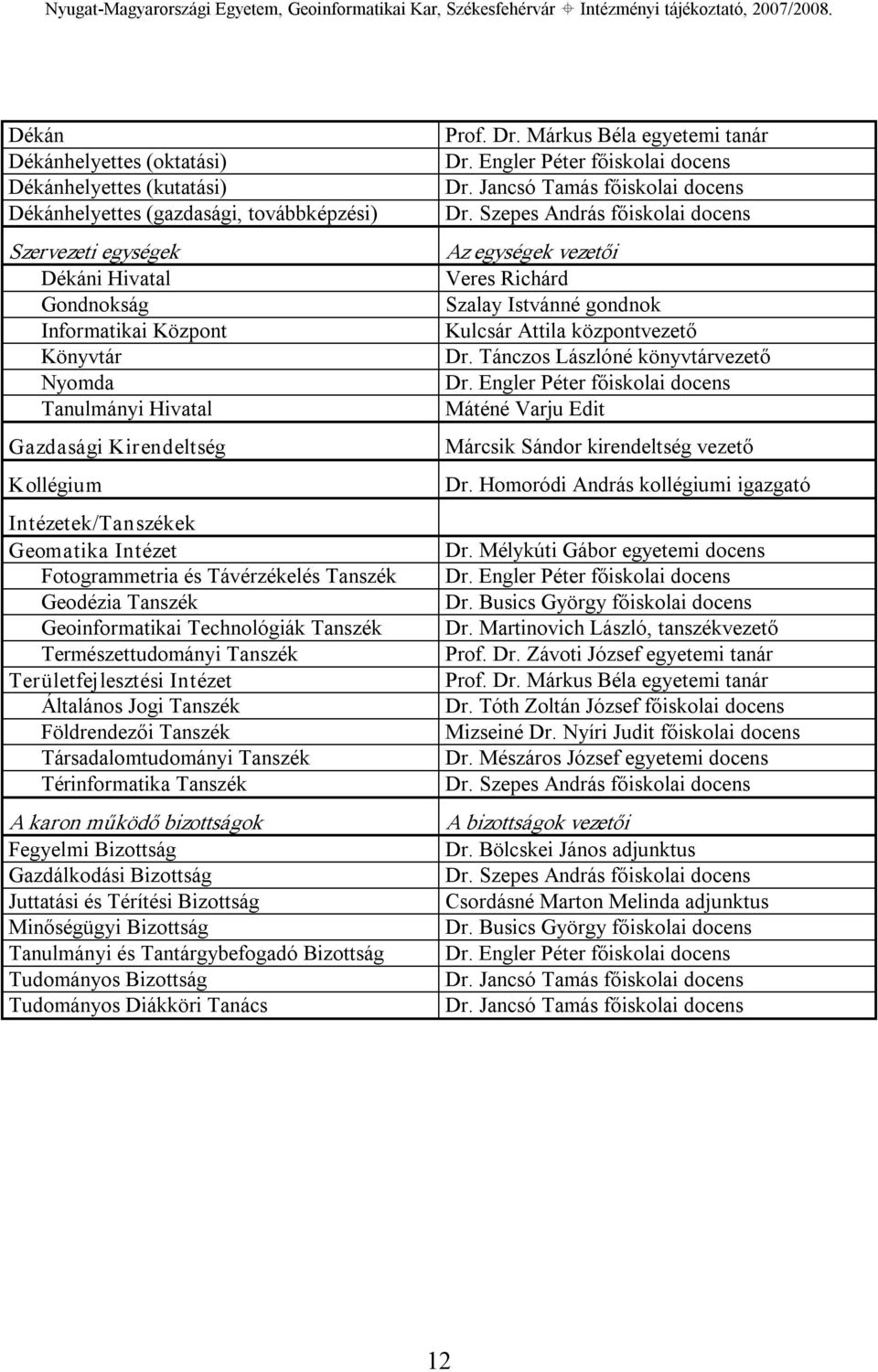 Területfejlesztési Intézet Általános Jogi Tanszék Földrendezői Tanszék Társadalomtudományi Tanszék Térinformatika Tanszék A karon működő bizottságok Fegyelmi Bizottság Gazdálkodási Bizottság