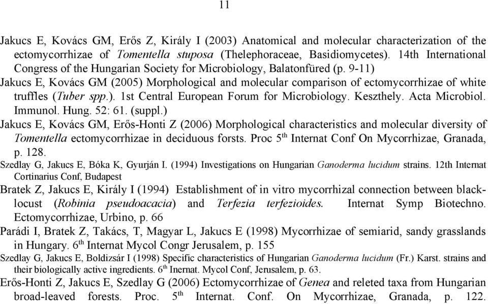 9-11) Jakucs E, Kovács GM (2005) Morphological and molecular comparison of ectomycorrhizae of white truffles (Tuber spp.). 1st Central European Forum for Microbiology. Keszthely. Acta Microbiol.