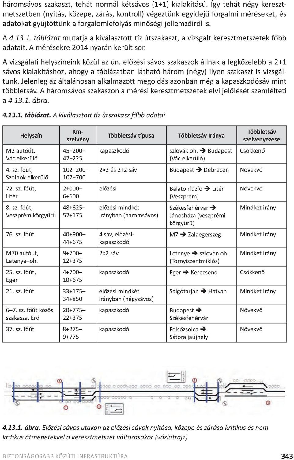 .1. táblázat mutatja a kiválasztott tíz útszakaszt, a vizsgált keresztmetszetek főbb adatait. A mérésekre 2014 nyarán került sor. A vizsgálati helyszíneink közül az ún.