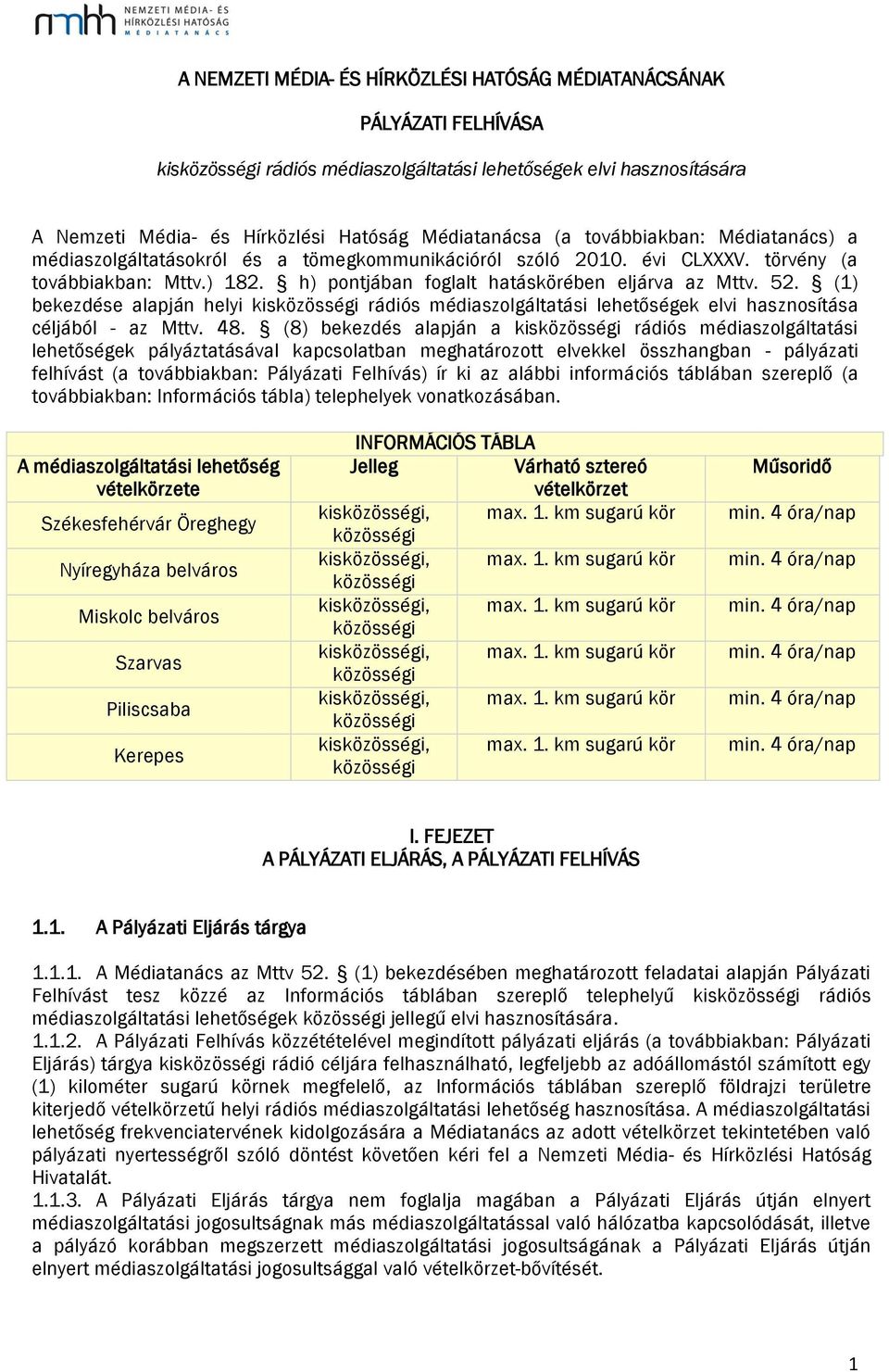 (1) bekezdése alapján helyi kisközösségi rádiós médiaszolgáltatási lehetőségek elvi hasznosítása céljából - az Mttv. 48.