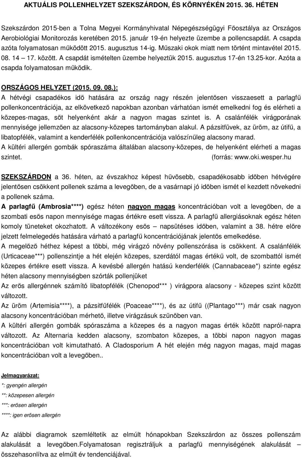 A csapdát ismételten üzembe helyeztük 2015. augusztus 17-én 13.25-kor. Azóta a csapda folyamatosan működik. ORSZÁGOS HELYZET (2015. 09. 08.