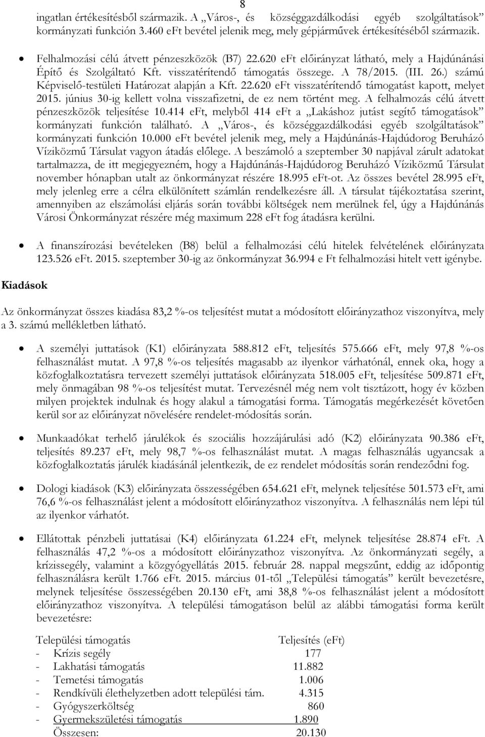 ) számú Képviselı-testületi Határozat alapján a Kft. 22.620 eft visszatérítendı támogatást kapott, melyet 2015. június 30-ig kellett volna visszafizetni, de ez nem történt meg.