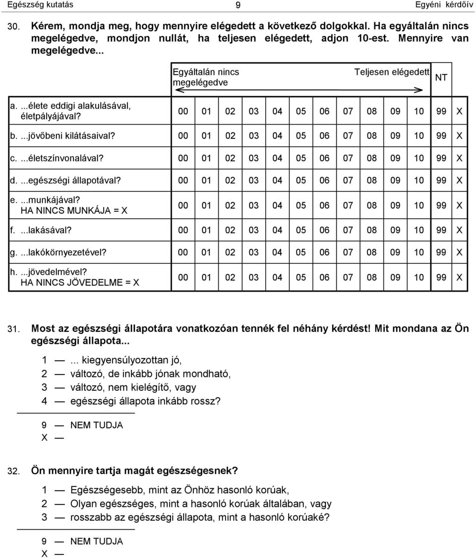 00 01 02 03 04 05 06 07 08 09 10 99 X c....életszínvonalával? 00 01 02 03 04 05 06 07 08 09 10 99 X d....egészségi állapotával? 00 01 02 03 04 05 06 07 08 09 10 99 X e....munkájával?