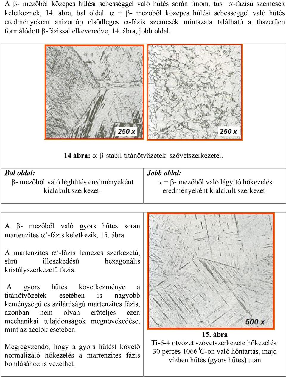 14 ábra: - -stabil titánötvözetek szövetszerkezetei. Bal oldal: - mezőből való léghűtés eredményeként kialakult szerkezet.