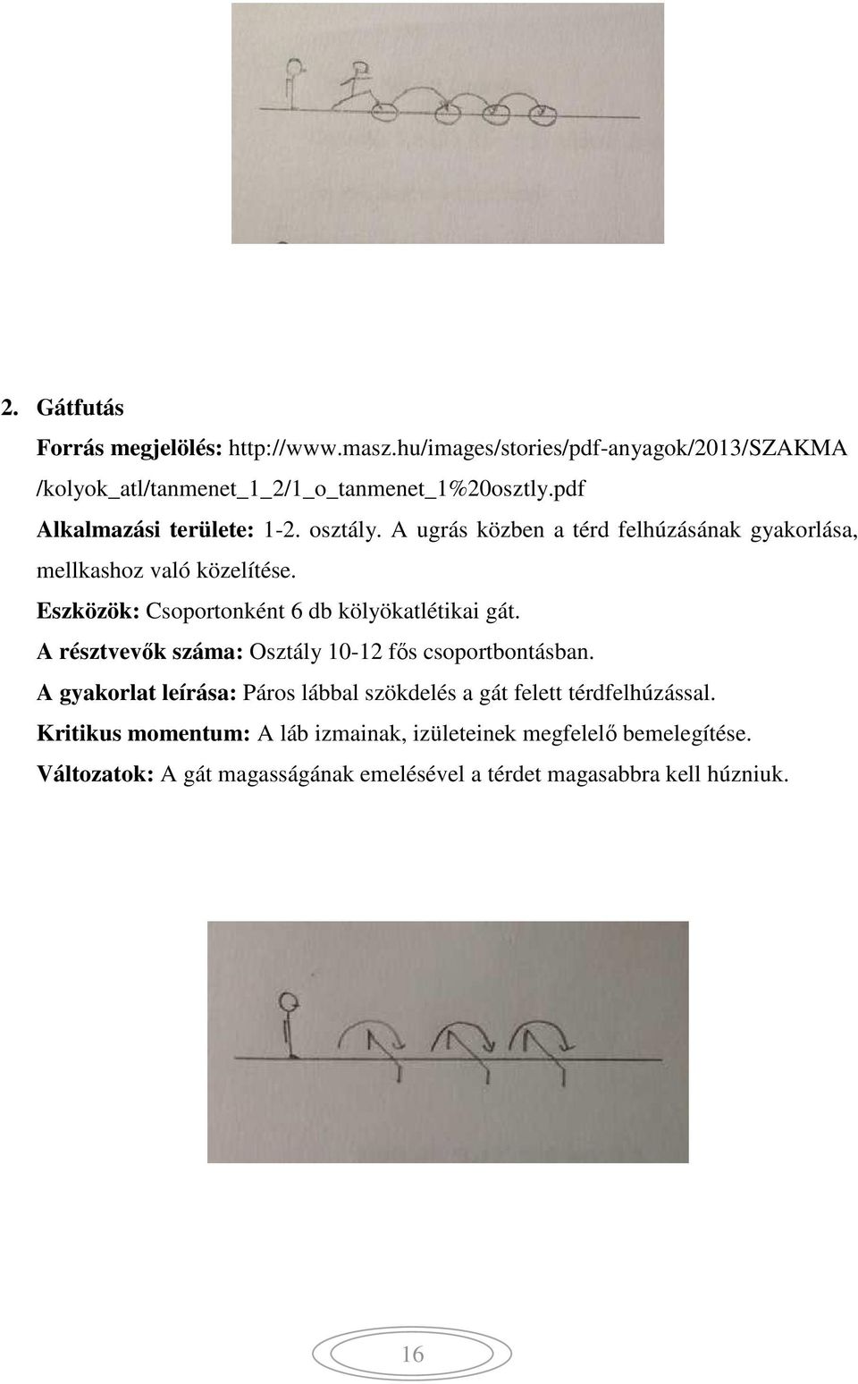 Eszközök: Csoportonként 6 db kölyökatlétikai gát. A résztvevők száma: Osztály 10-12 fős csoportbontásban.