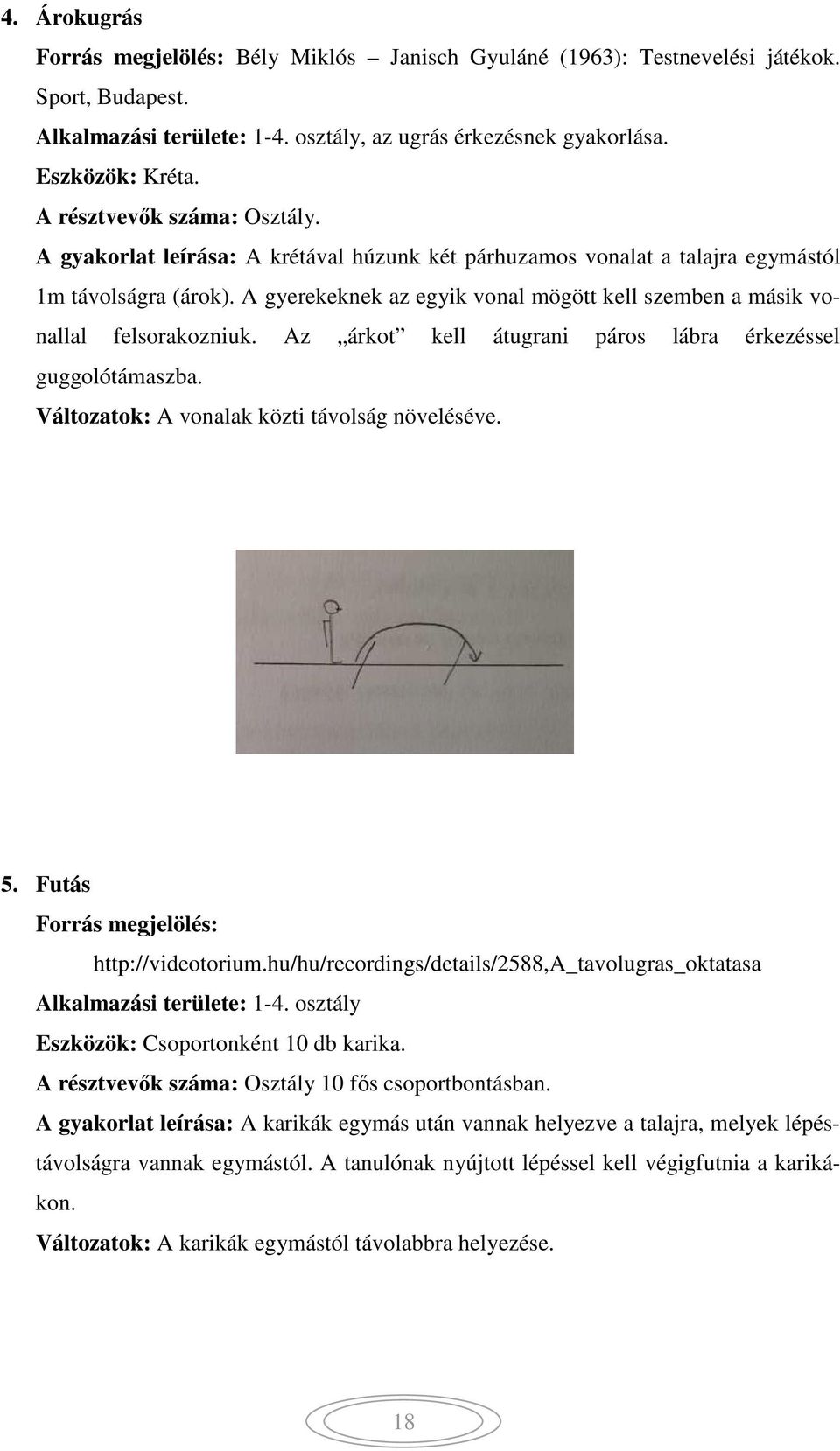 A gyerekeknek az egyik vonal mögött kell szemben a másik vonallal felsorakozniuk. Az árkot kell átugrani páros lábra érkezéssel guggolótámaszba. Változatok: A vonalak közti távolság növeléséve. 5.