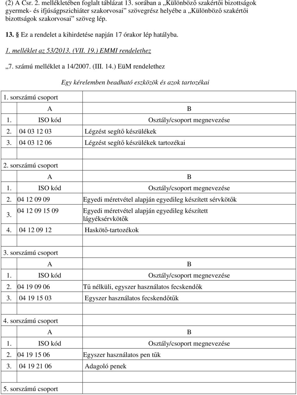 Ez a rendelet a kihirdetése napján 17 órakor lép hatályba. 1. melléklet az 53/2013. (VII. 19.) EMMI rendelethez 7. számú melléklet a 14/2007. (III. 14.) EüM rendelethez 1.