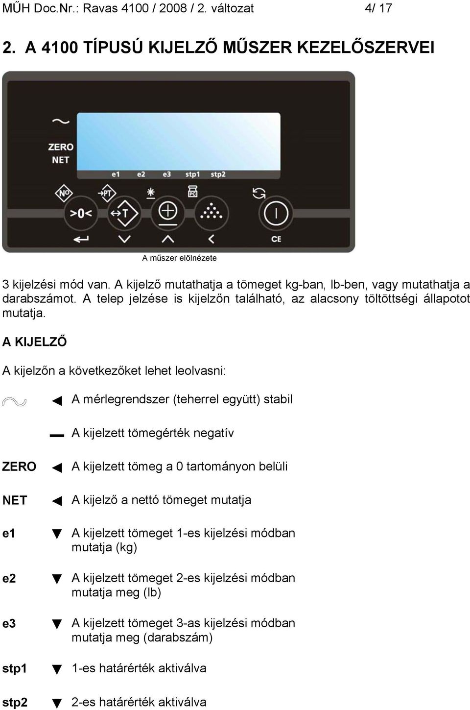 A KIJELZŐ A kijelzőn a következőket lehet leolvasni: ZERO A mérlegrendszer (teherrel együtt) stabil A kijelzett tömegérték negatív A kijelzett tömeg a 0 tartományon belüli NET e1 e2 e3 A