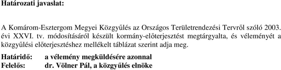 módosításáról készült kormány-elıterjesztést megtárgyalta, és véleményét a közgyőlési