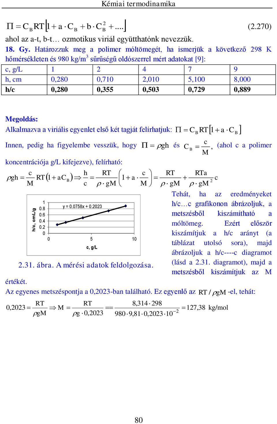 lkalmazva a vráls egyelet első két tagját felírhatjuk: C RT 1 a Ie, pedg ha fgyelembe vesszük, hogy kocetrácója g/l kfejezve), felírható: C gh és c C, (ahol c a polmer M c h RT c RT RTa gh RT M c gm