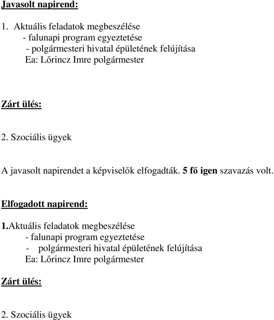 felújítása Ea: Zárt ülés: 2. Szociális ügyek A javasolt napirendet a képviselők elfogadták.