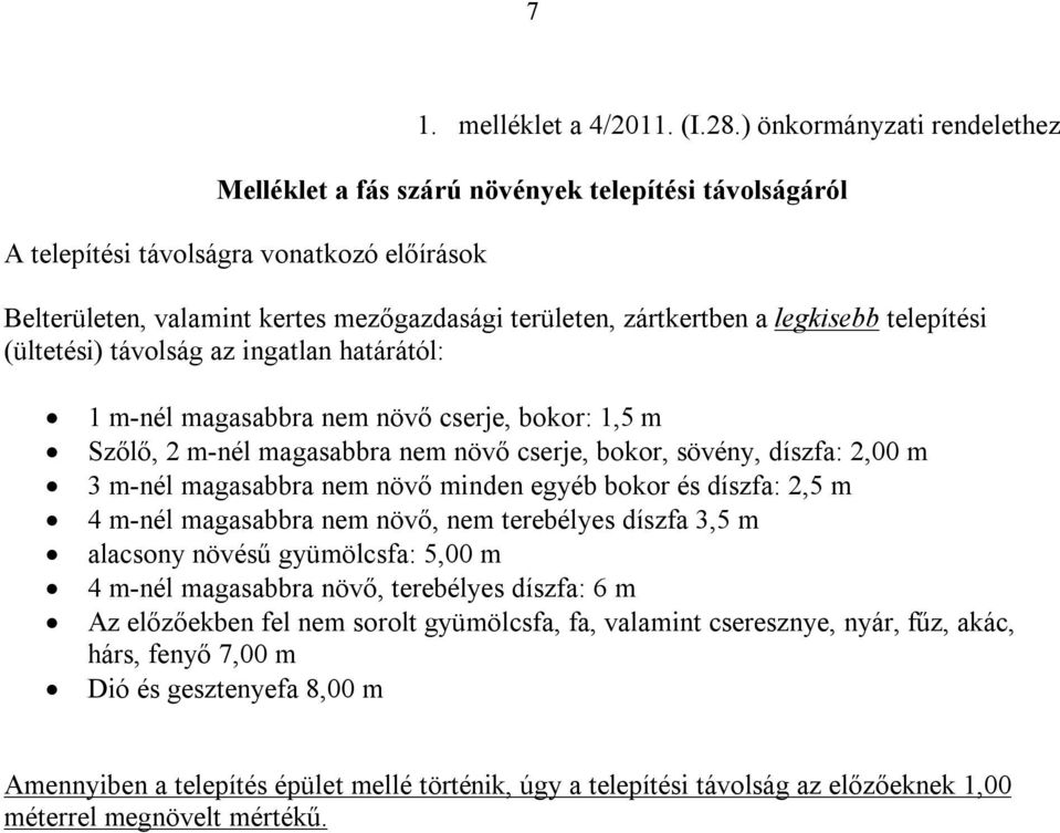 legkisebb telepítési (ültetési) távolság az ingatlan határától: 1 m-nél magasabbra nem növő cserje, bokor: 1,5 m Szőlő, 2 m-nél magasabbra nem növő cserje, bokor, sövény, díszfa: 2,00 m 3 m-nél