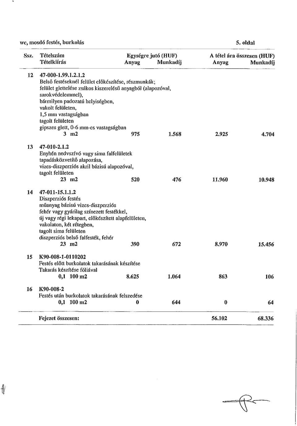 99.1.2.1.2 Belső festéseknél felület előkészítése, részmunkák; felület glettelése zsákos kiszerelésű anyagból (alapozóval, sarok védelemmel), bármilyen padozatú helyiségben, vakolt felületen, 1,5 mm