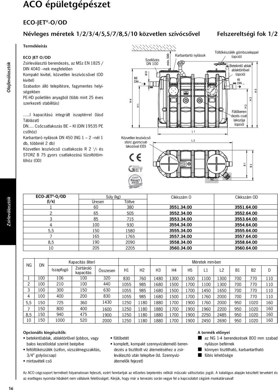 .l kapacitású integrált iszaptérrel (lásd Táblázat) DN.