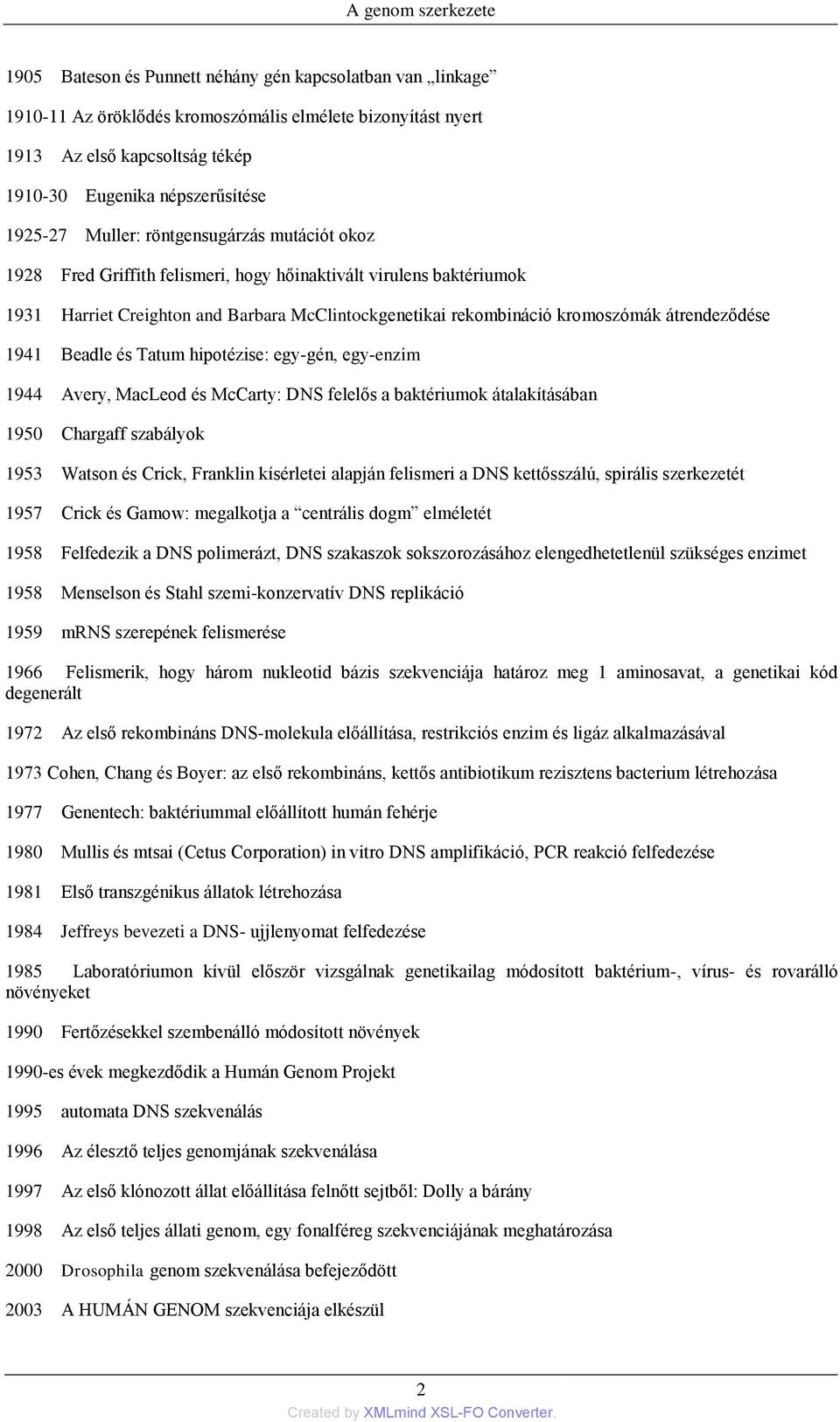 kromoszómák átrendeződése 1941 Beadle és Tatum hipotézise: egy-gén, egy-enzim 1944 Avery, MacLeod és McCarty: DNS felelős a baktériumok átalakításában 1950 Chargaff szabályok 1953 Watson és Crick,