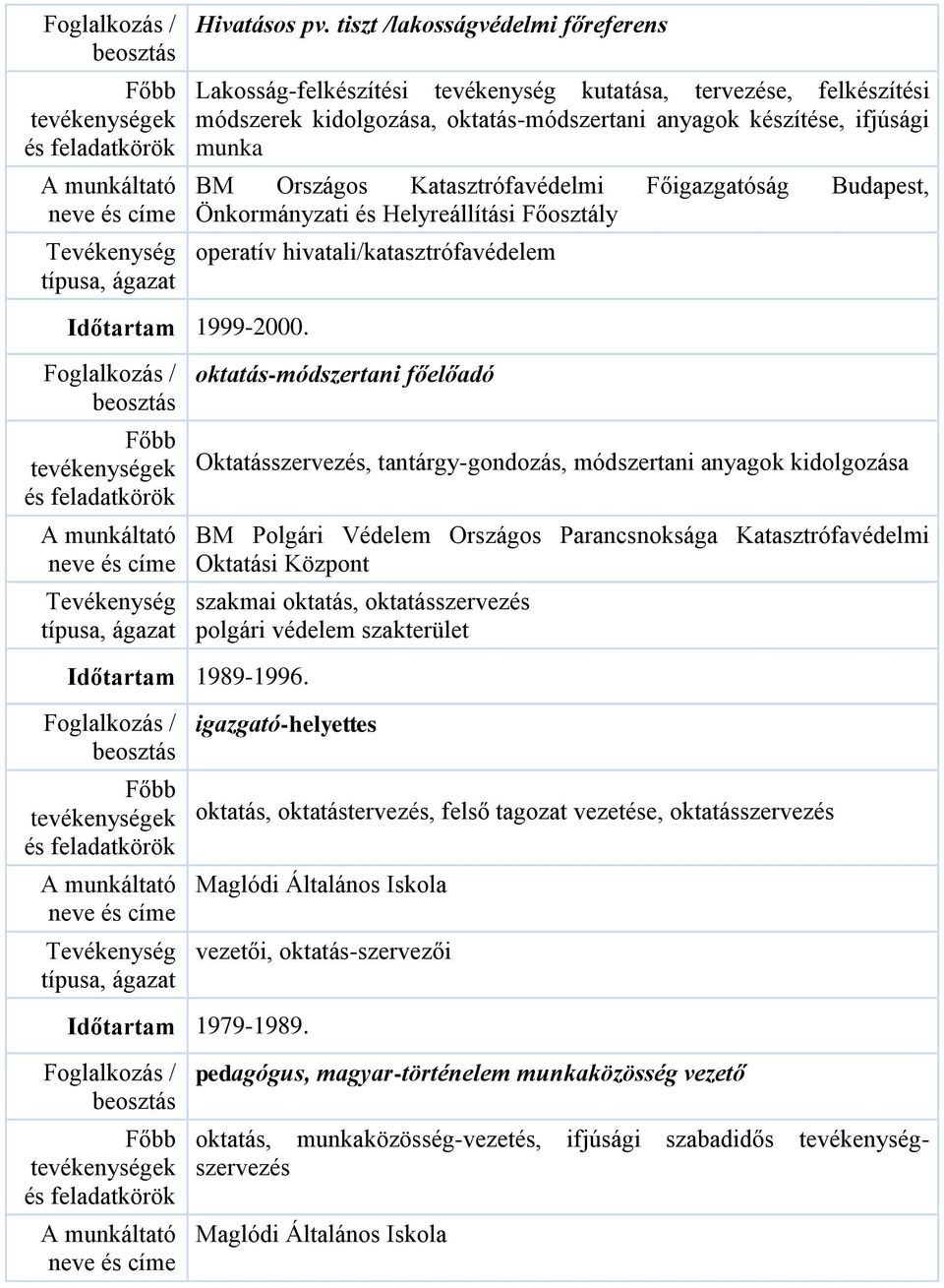 Katasztrófavédelmi Főigazgatóság Budapest, Önkormányzati és Helyreállítási Főosztály operatív hivatali/katasztrófavédelem Időtartam 1999-2000.