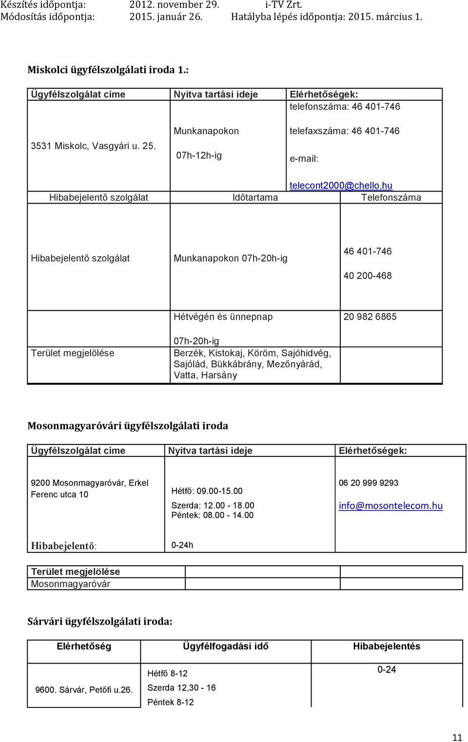 hu Hibabejelentő szolgálat Időtartama Telefonszáma Hibabejelentő szolgálat 07h-20h-ig 46 401-746 40 200-468 Terület megjelölése Hétvégén és ünnepnap 07h-20h-ig Berzék, Kistokaj, Köröm, Sajóhidvég,