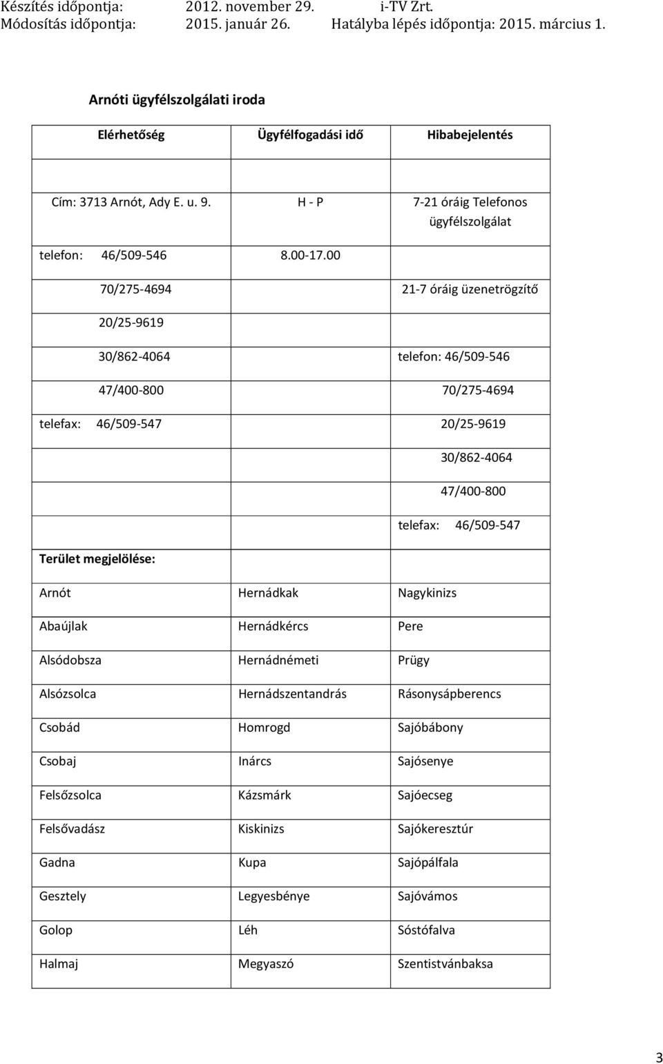 Abaújlak Hernádkércs Pere Alsódobsza Hernádnémeti Prügy 30/862 4064 47/400 800 telefax: 46/509 547 Alsózsolca Hernádszentandrás Rásonysápberencs Csobád Homrogd