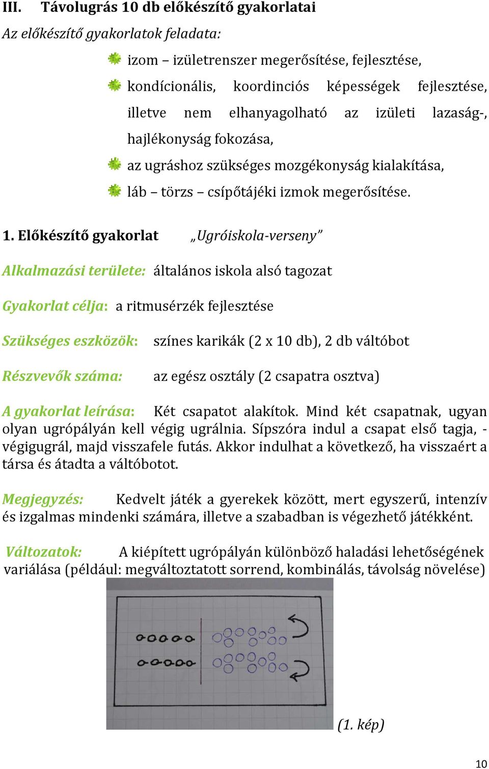 Előkészítő gyakorlat Ugróiskola-verseny Alkalmazási területe: általános iskola alsó tagozat Gyakorlat célja: a ritmusérzék fejlesztése Szükséges eszközök: színes karikák (2 x 10 db), 2 db váltóbot