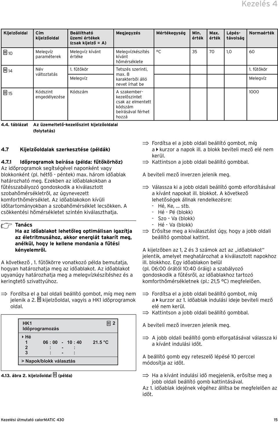 4. táblázat Az üzemeltető-kezelőszint kijelzőoldalai (folytatás) A szakemberkezelőszintet csak az elmentett kódszám beírásával férhet hozzá Max. érték Lépéstávolság C 35 70 1,0 60 Normaérték 1.