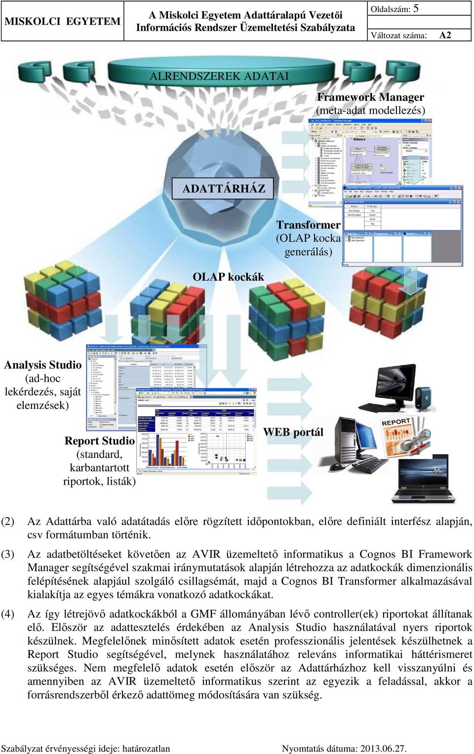 (3) Az adatbetöltéseket követően az AVIR üzemeltető informatikus a Cognos BI Framework Manager segítségével szakmai iránymutatások alapján létrehozza az adatkockák dimenzionális felépítésének