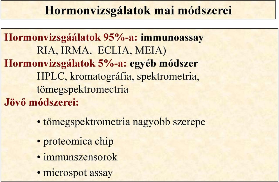 kromatográfia, spektrometria, tömegspektromectria Jövő módszerei: