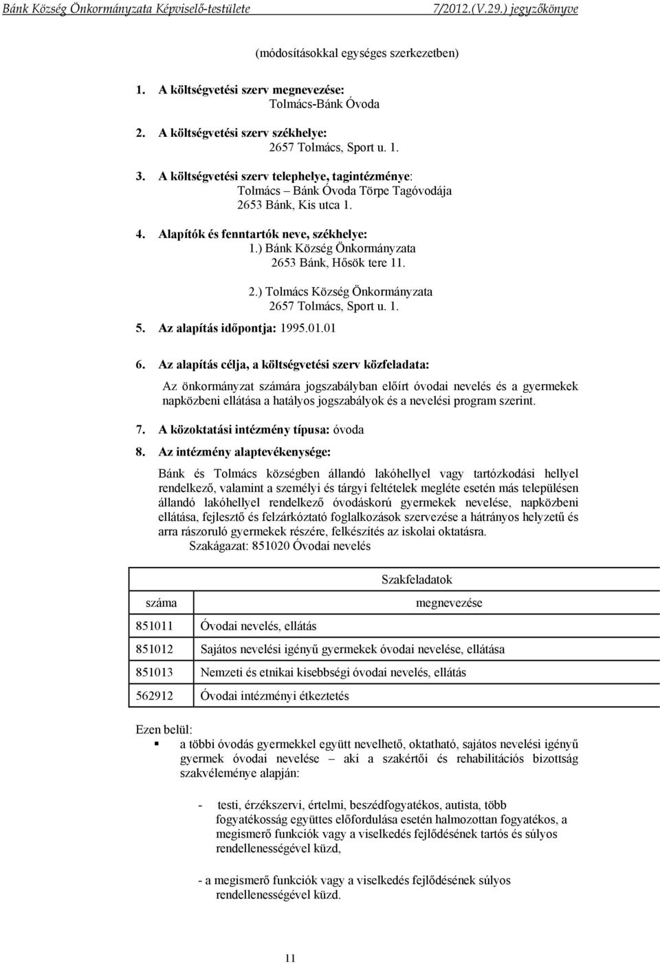 ) Bánk Község Önkormányzata 2653 Bánk, Hősök tere 11. 2.) Tolmács Község Önkormányzata 2657 Tolmács, Sport u. 1. 5. Az alapítás időpontja: 1995.01.01 6.