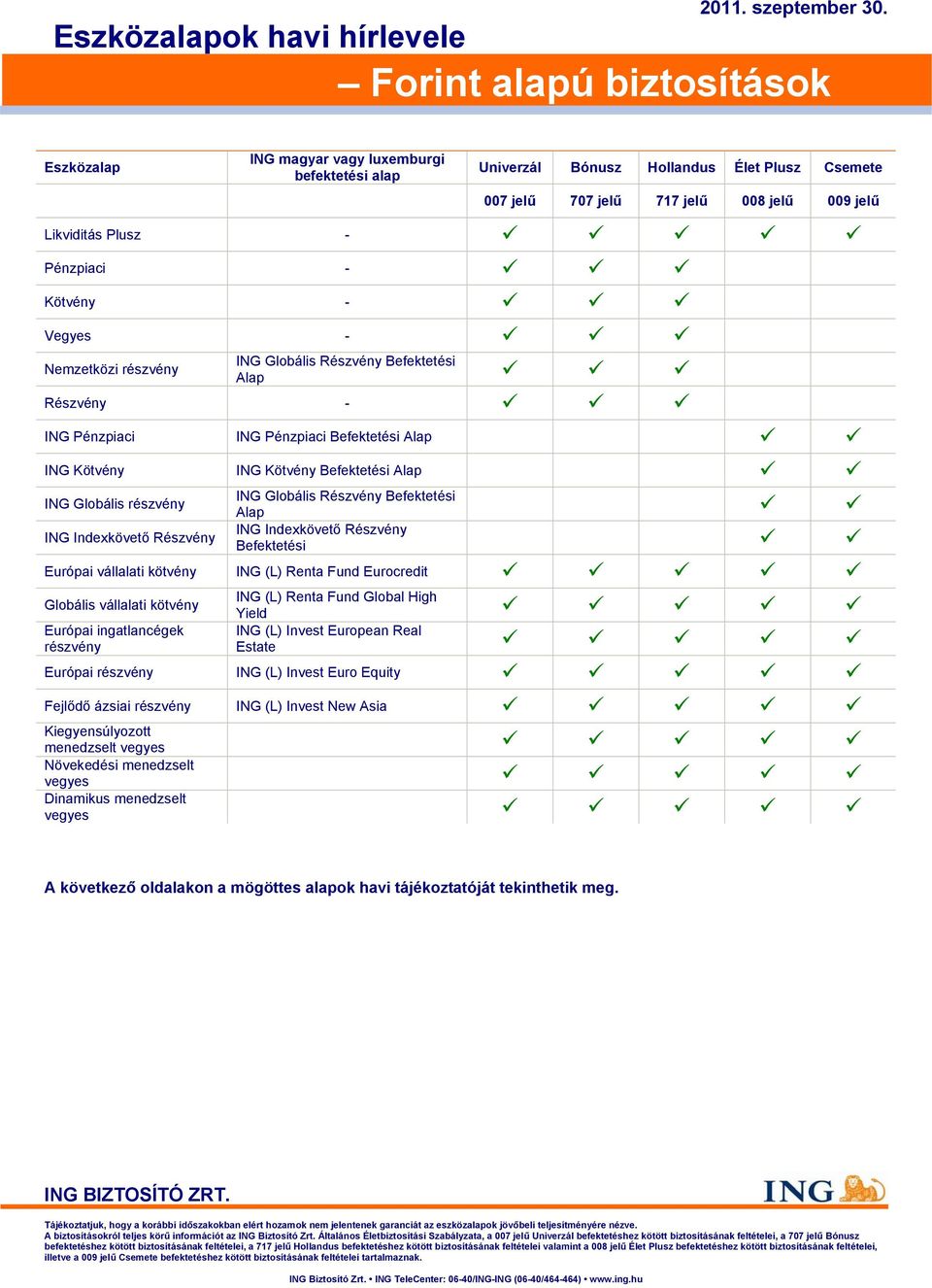 Nemzetközi részvény ING Globális Részvény Befektetési Alap Részvény ING Pénzpiaci ING Pénzpiaci Befektetési Alap ING Kötvény ING Kötvény Befektetési Alap ING Globális részvény ING Globális Részvény