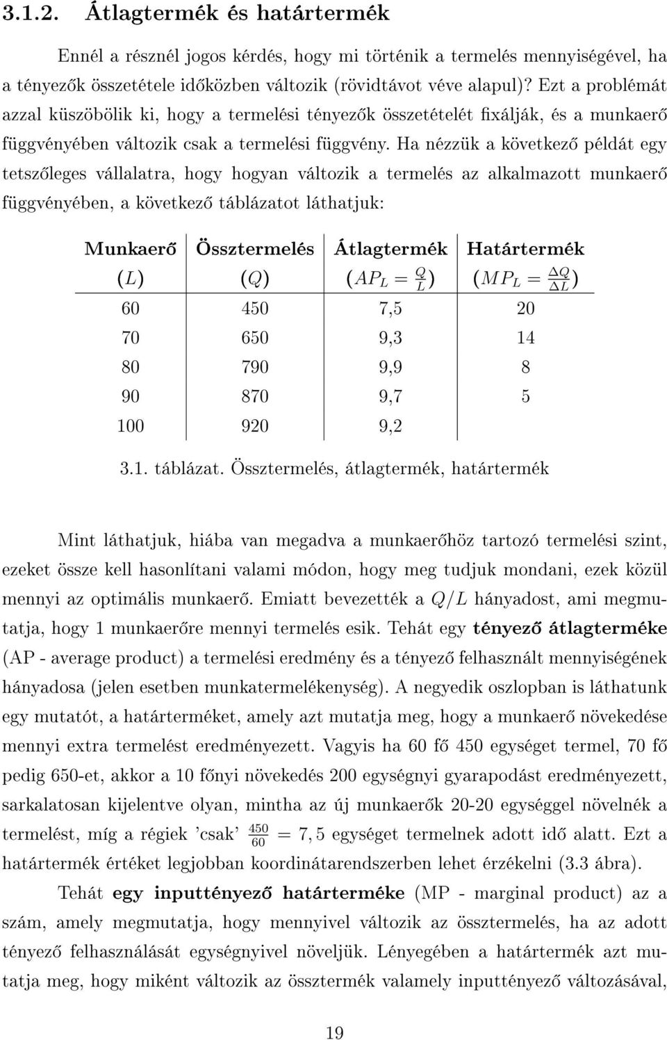 Ha nézzük a következ példát egy tetsz leges vállalatra, hogy hogyan változik a termelés az alkalmazott munkaer függvényében, a következ táblázatot láthatjuk: Munkaer Össztermelés Átlagtermék