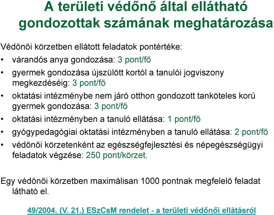 intézményben a tanuló ellátása: 1 pont/fő gyógypedagógiai oktatási intézményben a tanuló ellátása: 2 pont/fő védőnői körzetenként az egészségfejlesztési és