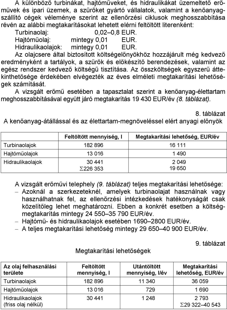 Az olajcsere által biztosított költségelőnyökhöz hozzájárult még kedvező eredményként a tartályok, a szűrők és előkészítő berendezések, valamint az egész rendszer kedvező költségű tisztítása.