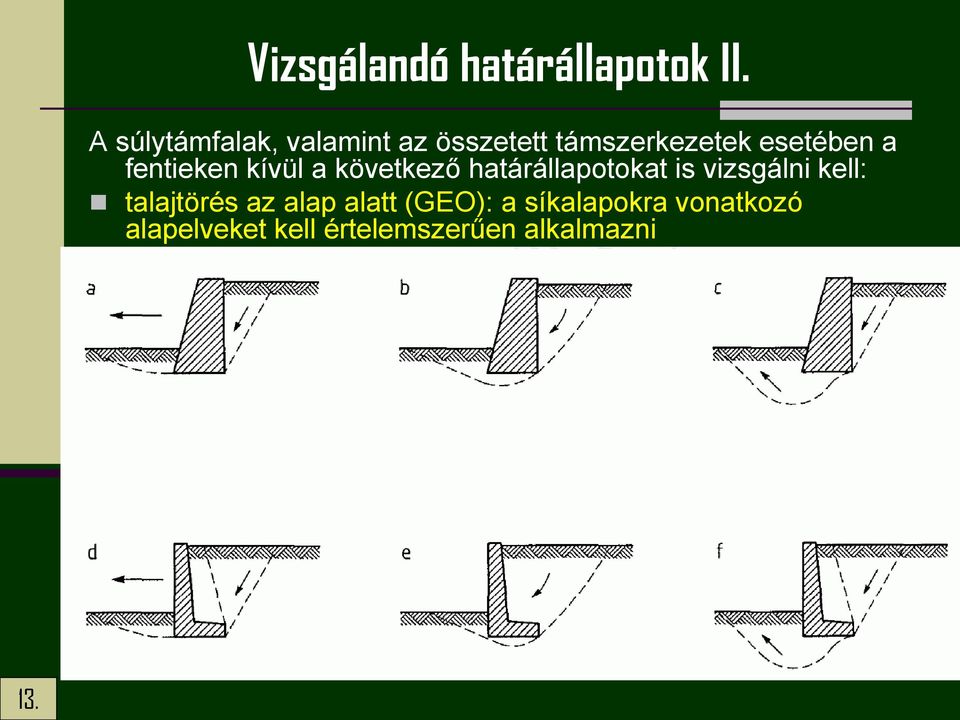 kell értelemszerűen alkalmazni elcsúszás az alapfelületen (GEO): a síkalapokra vonatkozó alapelveket kell értelemszerűen alkalmazni; a támfal felborulása (EQU): csak a kőzeten álló alapok esetén kell