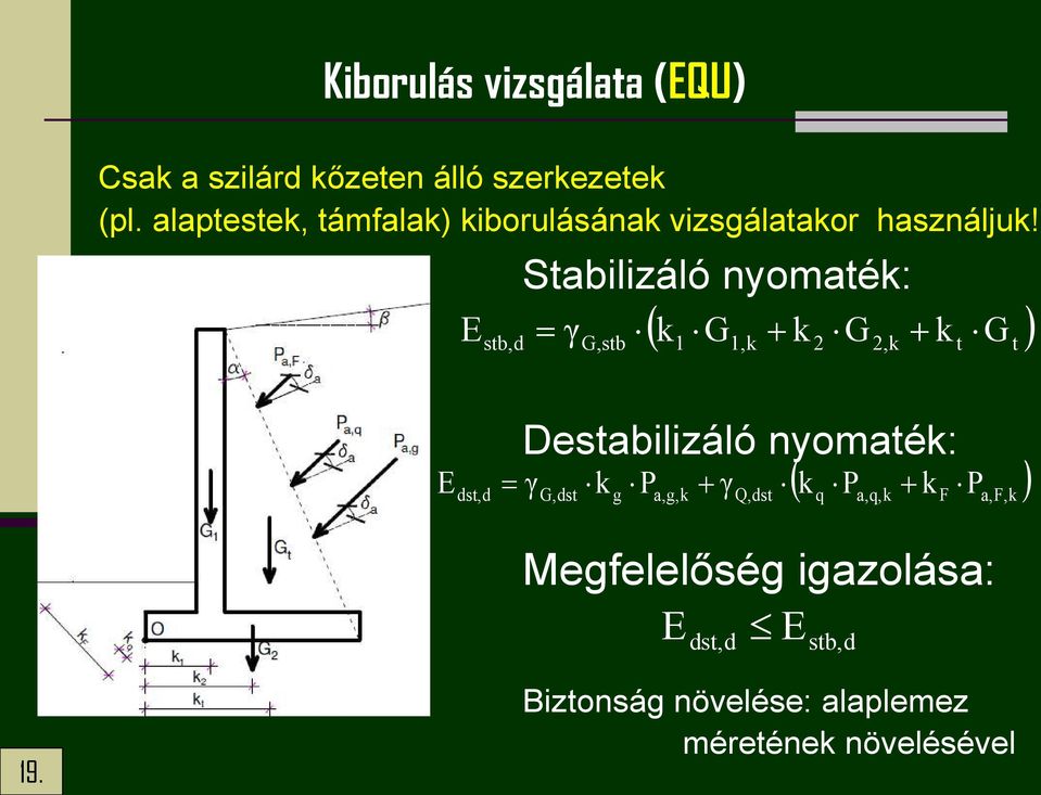 E stb, d Stabilizáló nyomaték: γ G,stb k 1 G 1,k k 2 G 2,k k t G t E dst, d Destabilizáló