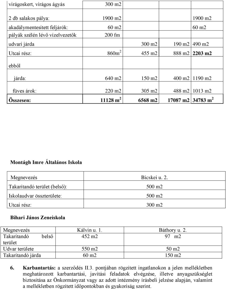 Bicskei u. 2. Takarítandó terület (belső): Iskolaudvar összterülete: Utcai rész: Bihari János Zeneiskola 500 m2 500 m2 300 m2 Megnevezés Kálvin u. 1. Báthory u. 2. Takarítandó belső 452 m2 97 m2 terület Udvar területe 550 m2 50 m2 Takarítandó járda 60 m2 150 m2 6.