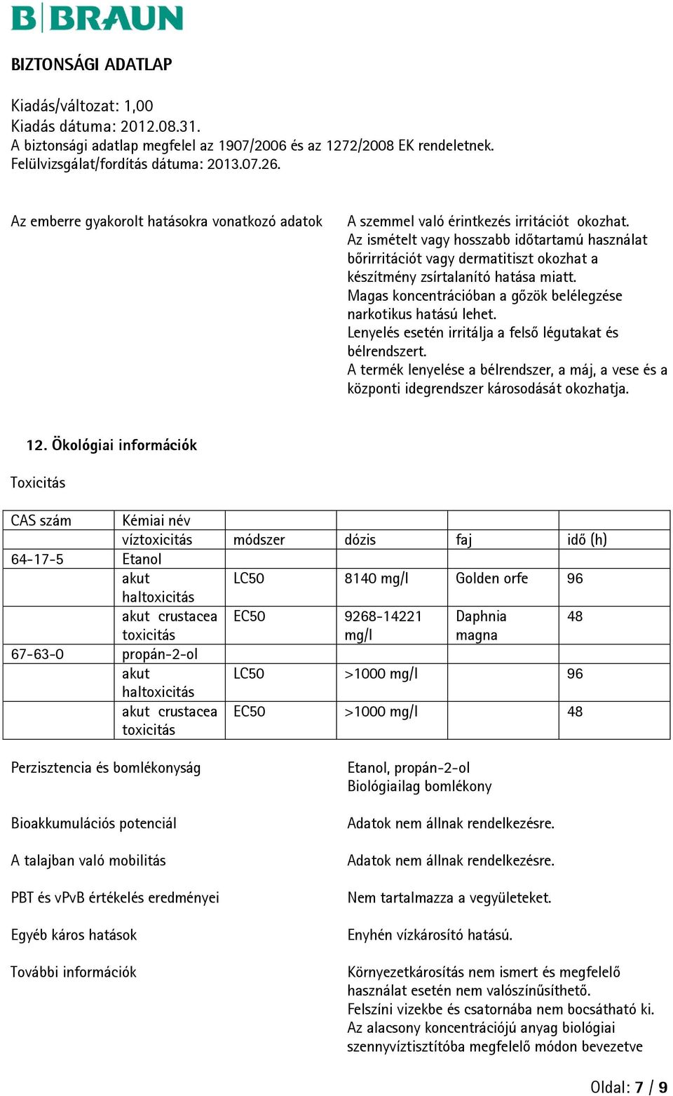 Lenyelés esetén irritálja a felső légutakat és bélrendszert. A termék lenyelése a bélrendszer, a máj, a vese és a központi idegrendszer károsodását okozhatja. 12.