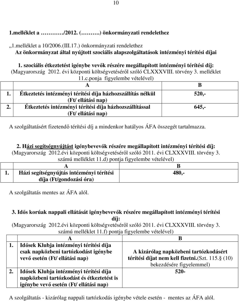 Étkeztetés intézményi térítési díja házhozszállítás nélkül (Ft/ ellátási nap) 2.