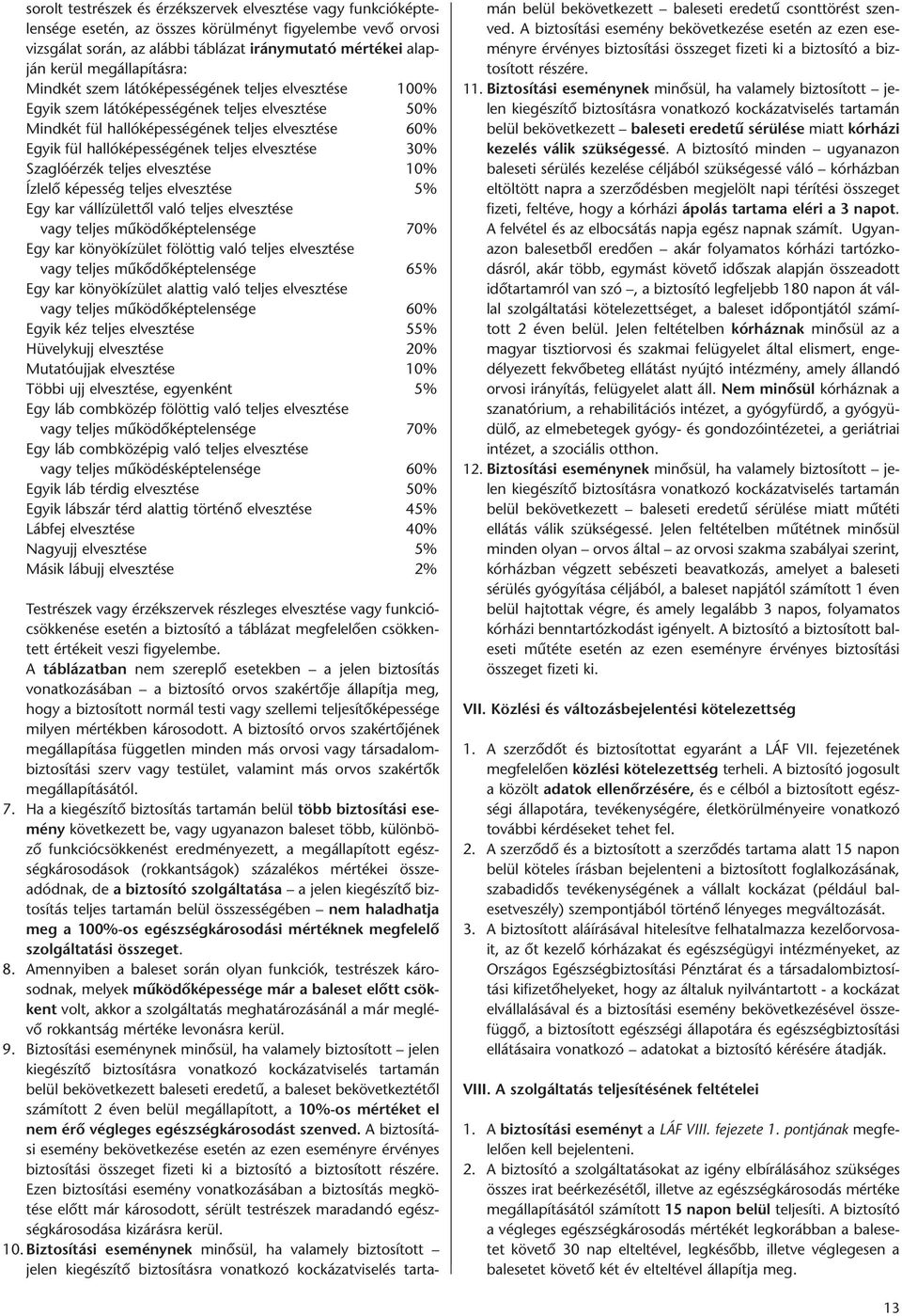 teljes elvesztése 30% Szaglóérzék teljes elvesztése 10% Ízlelő képesség teljes elvesztése 5% Egy kar vállízülettől való teljes elvesztése vagy teljes működőképtelensége 70% Egy kar könyökízület