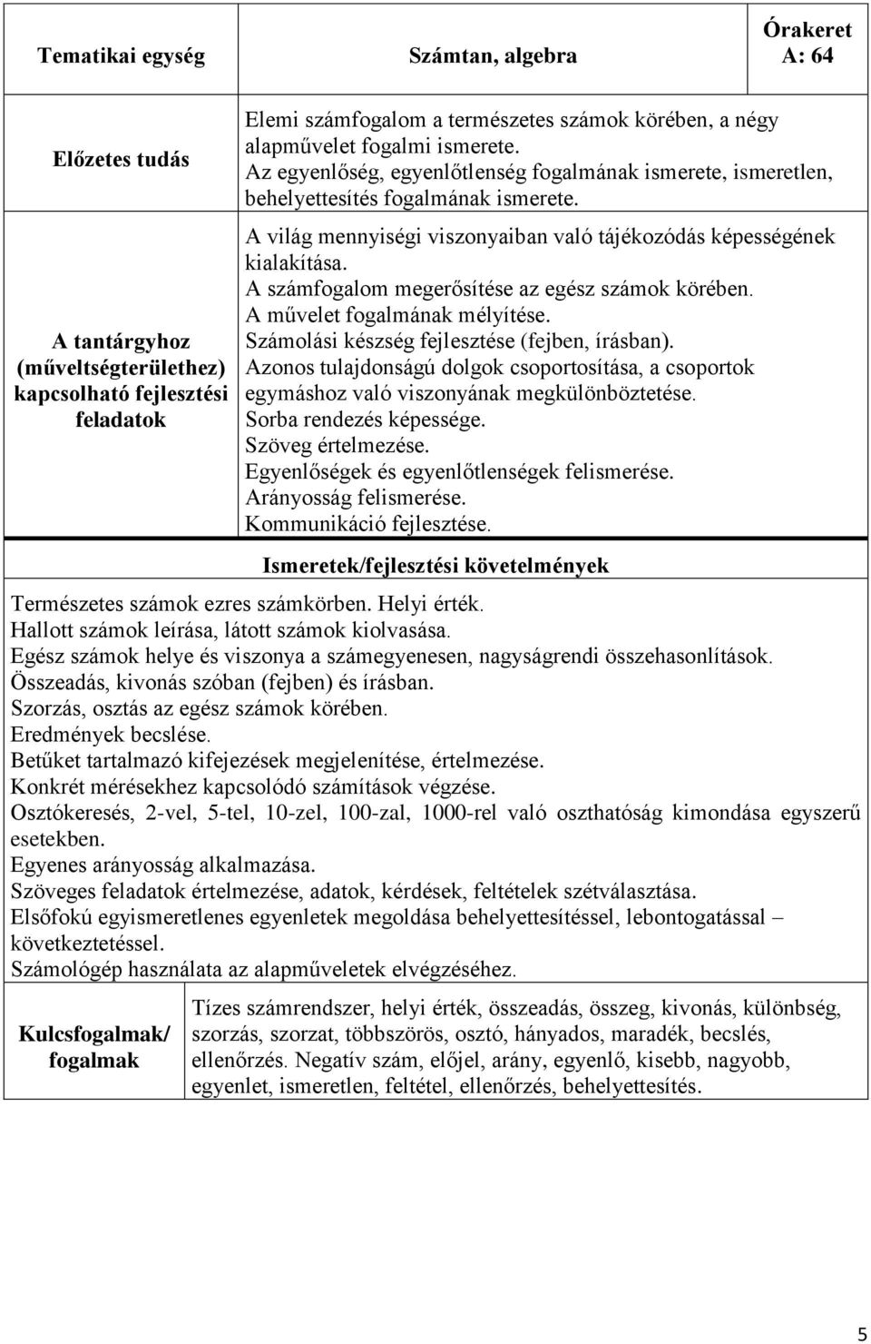 A számfogalom megerősítése az egész számok körében. A művelet fogalmának mélyítése. Számolási készség fejlesztése (fejben, írásban).