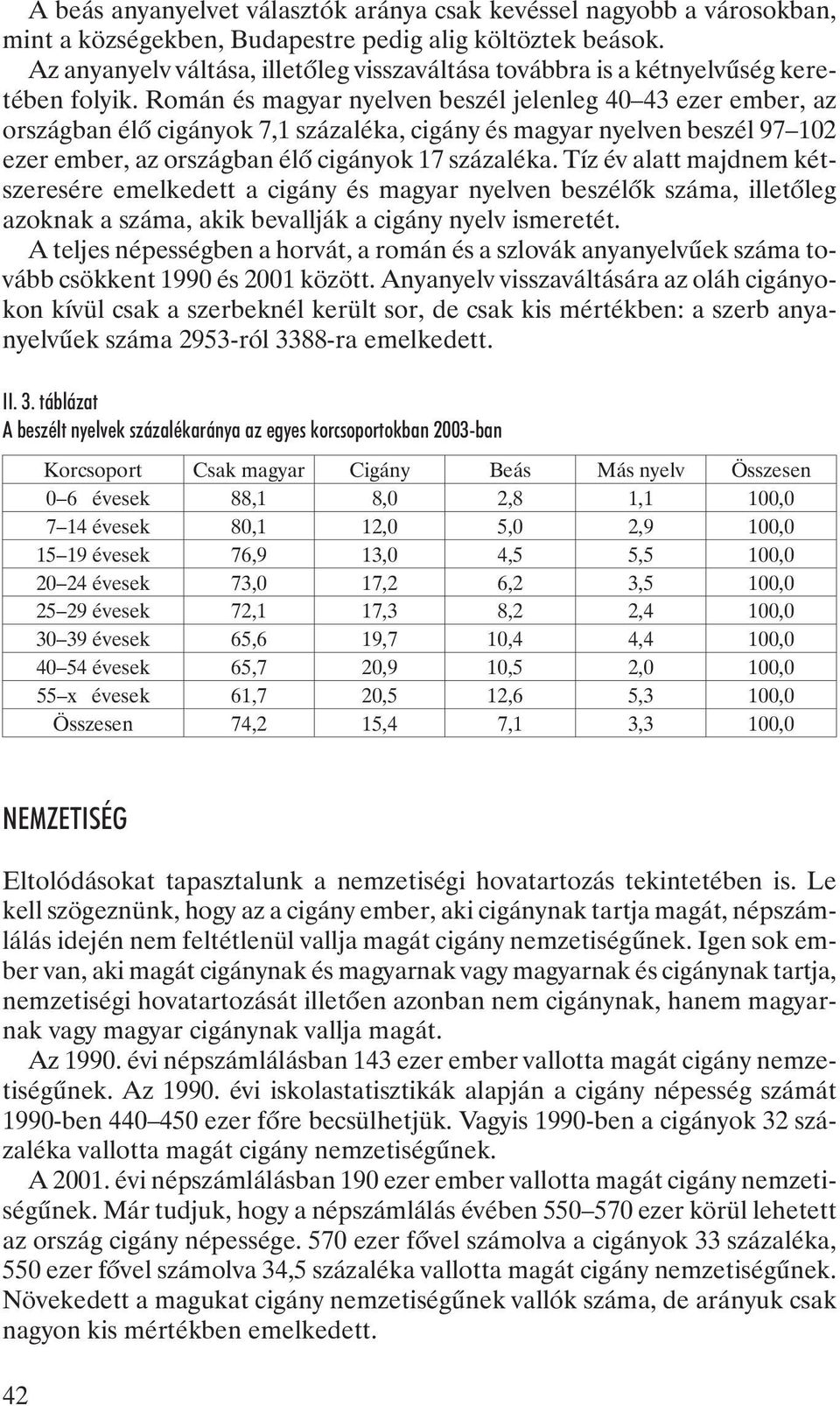Román és magyar nyelven beszél jelenleg 40 43 ezer ember, az országban élõ cigányok 7,1 százaléka, cigány és magyar nyelven beszél 97 102 ezer ember, az országban élõ cigányok 17 százaléka.