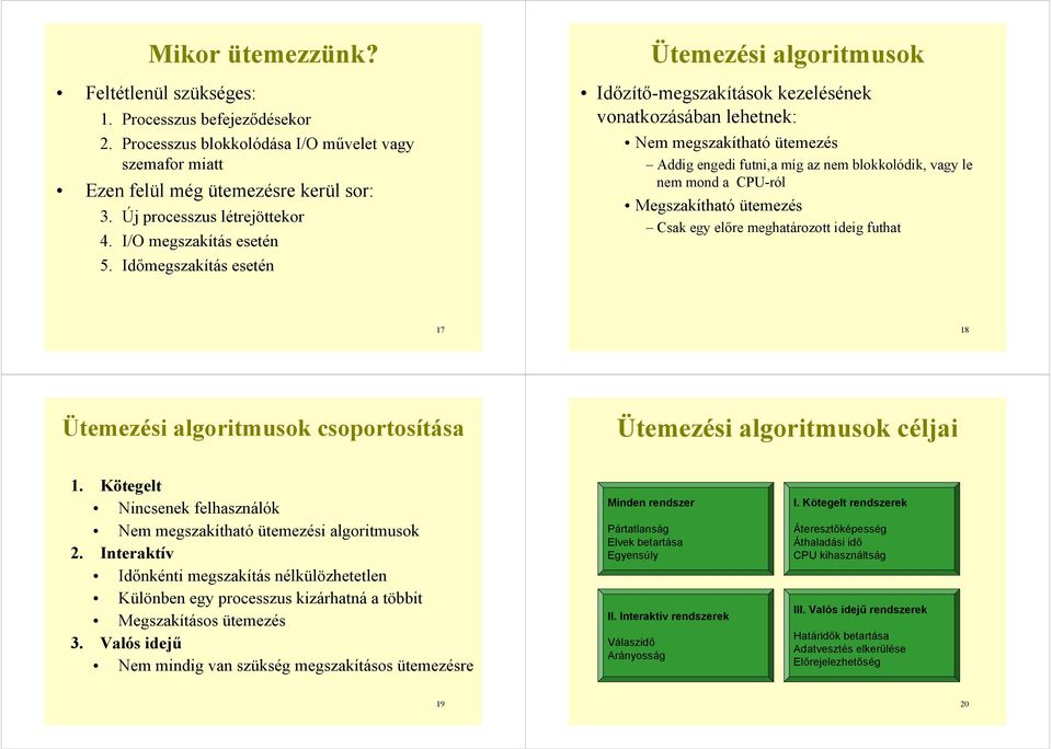 Időmegszakítás esetén Ütemezési algoritmusok Időzítő-megszakítások kezelésének vonatkozásában lehetnek: Nem megszakítható ütemezés Addig engedi futni,a míg az nem blokkolódik, vagy le nem mond a