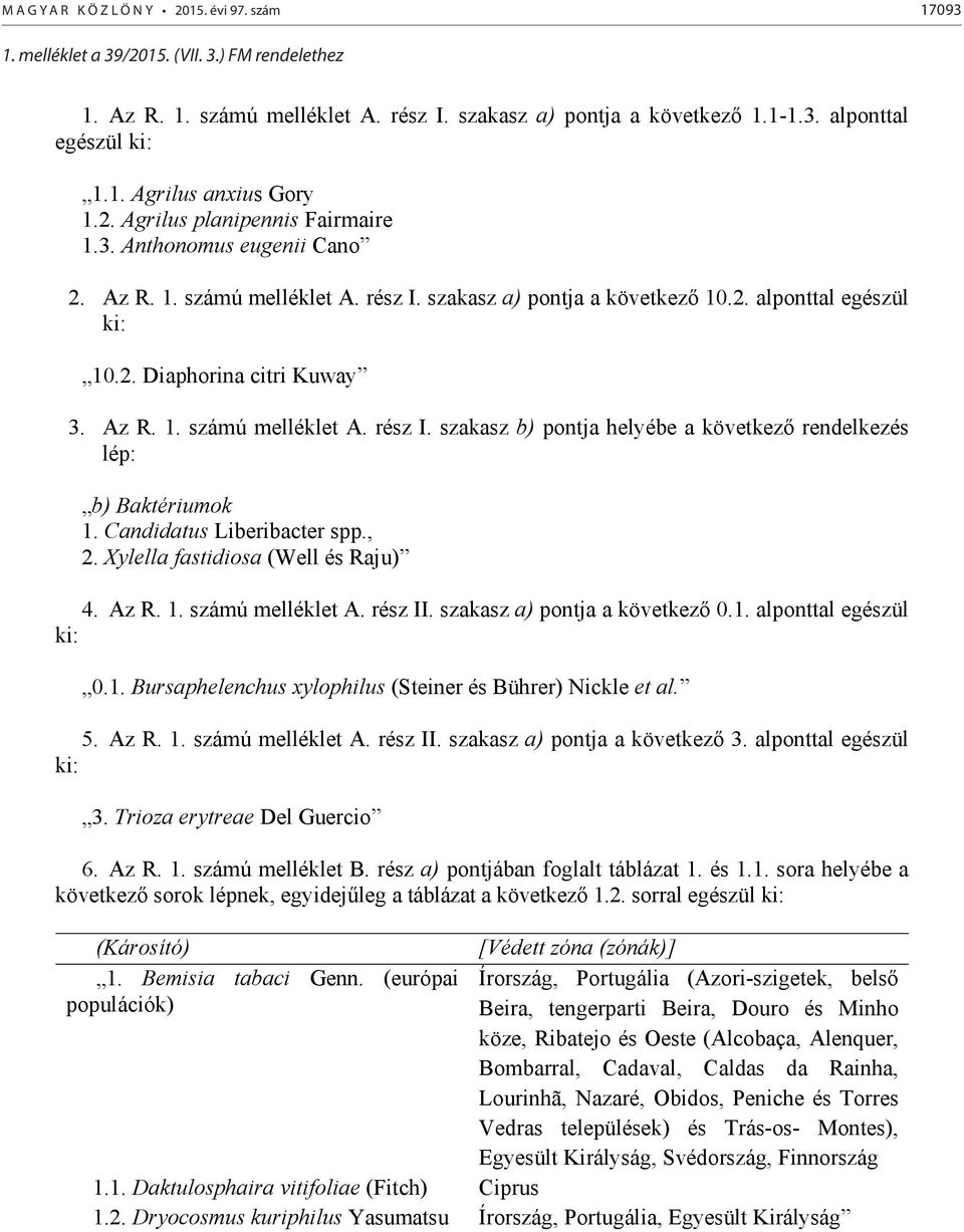 Az R. 1. számú melléklet A. rész I. szakasz b) pontja helyébe a következ rendelkezés lép: b) Baktériumok 1. Candidatus Liberibacter spp., 2. Xylella fastidiosa (Well és Raju) 4. Az R. 1. számú melléklet A. rész II.