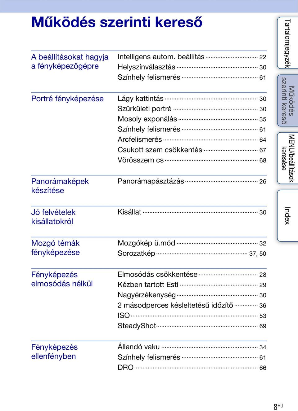 Arcfelismerés 64 Csukott szem csökkentés 67 Vörösszem cs 68 Panorámaképek készítése Panorámapásztázás 26 Jó felvételek kisállatokról Kisállat 30 Mozgó témák