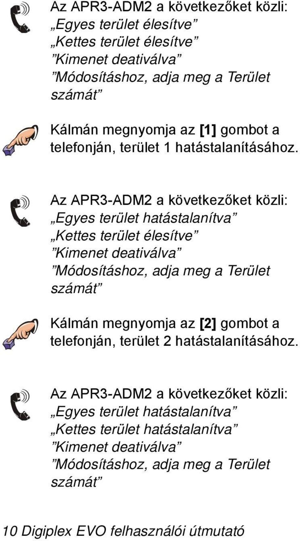 Az APR3-ADM2 a következőket közli: Egyes terület hatástalanítva Kettes terület élesítve Kimenet deativálva Módosításhoz, adja meg a Terület számát Kálmán