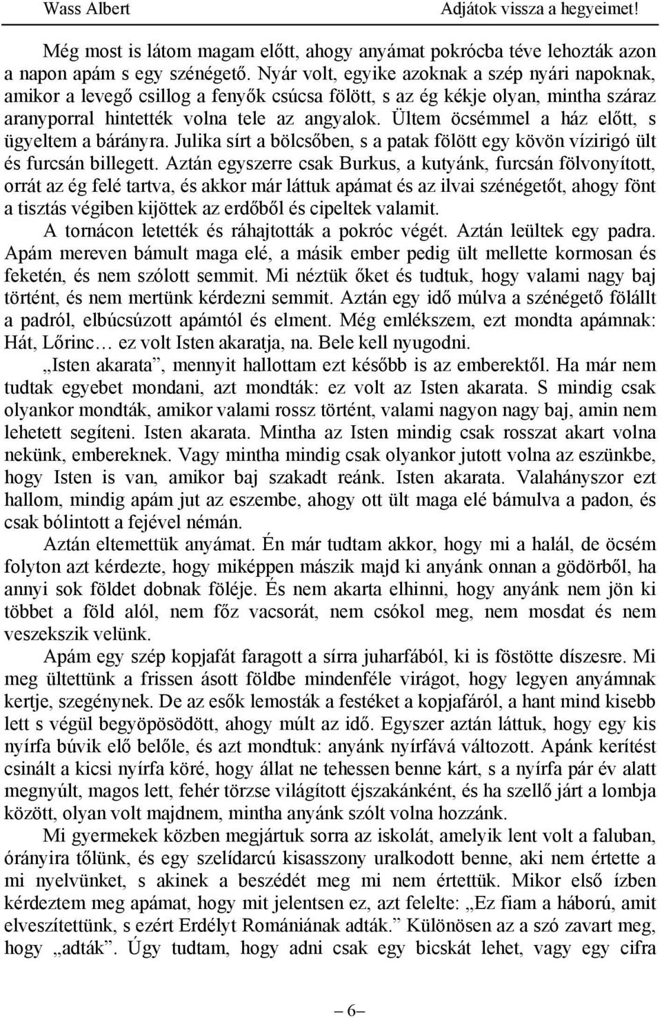 Ültem öcsémmel a ház előtt, s ügyeltem a bárányra. Julika sírt a bölcsőben, s a patak fölött egy kövön vízirigó ült és furcsán billegett.