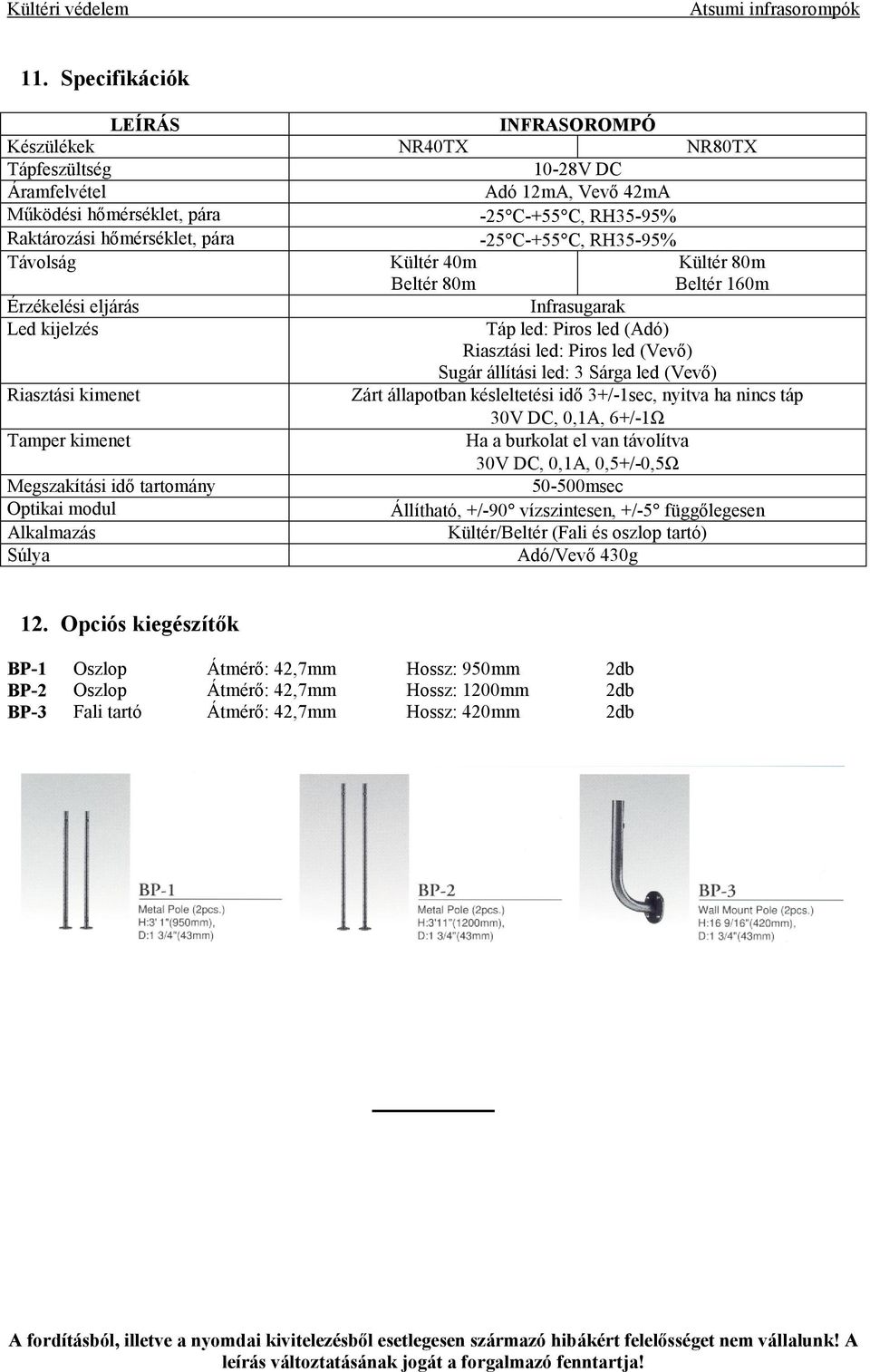 Infrasugarak Táp led: Piros led (Adó) Riasztási led: Piros led (Vevő) Sugár állítási led: 3 Sárga led (Vevő) Zárt állapotban késleltetési idő 3+/-1sec, nyitva ha nincs táp 30V DC, 0,1A, 6+/-1Ω Ha a