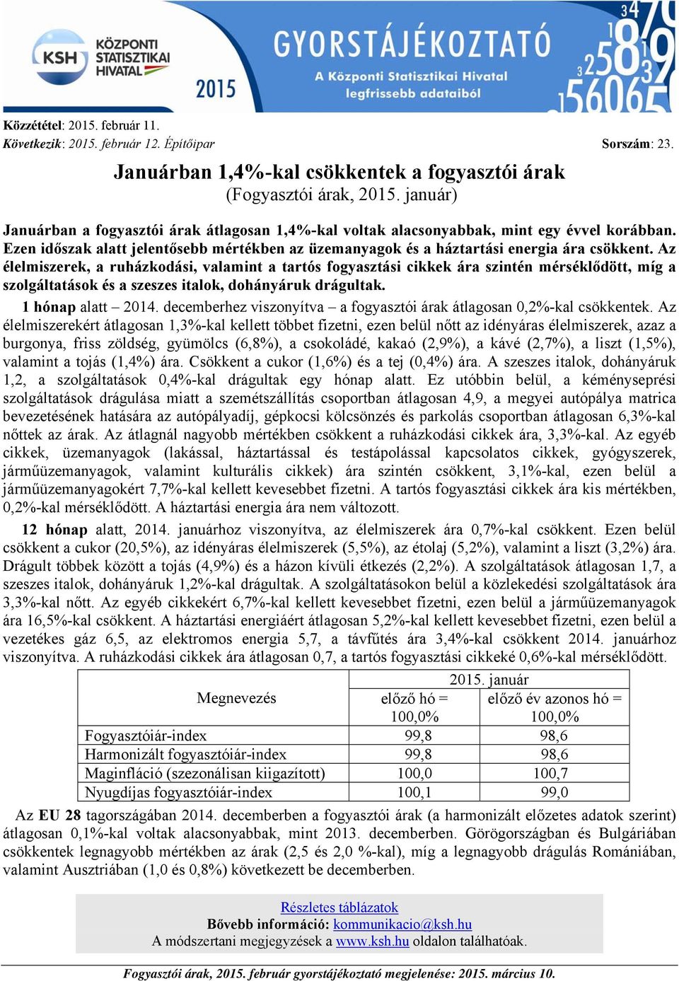 Az élelmiszerek, a ruházkodási, valamint a tartós fogyasztási ára szintén mérséklődött, míg a szolgáltatások és a szeszes italok, dohányáruk drágultak. 1 hónap alatt.