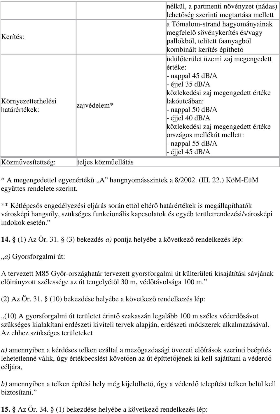 megengedettel egyenértékő A hangnyomásszintek a 8/2002. (III. 22.) KöM-EüM ** Kétlépcsıs engedélyezési eljárás során ettıl eltérı határértékek is megállapíthatók 14. (1) Az Ör. 31.