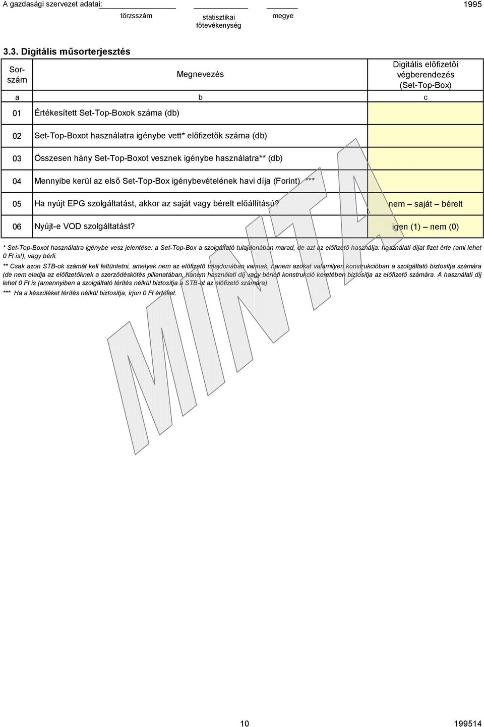 Set-Top-Boxot vesznek igénybe használatra** (db) Mennyibe kerül az első Set-Top-Box igénybevételének havi díja (Forint) *** 5 Ha nyújt EPG szolgáltatást, akkor az saját vagy bérelt előállítású?